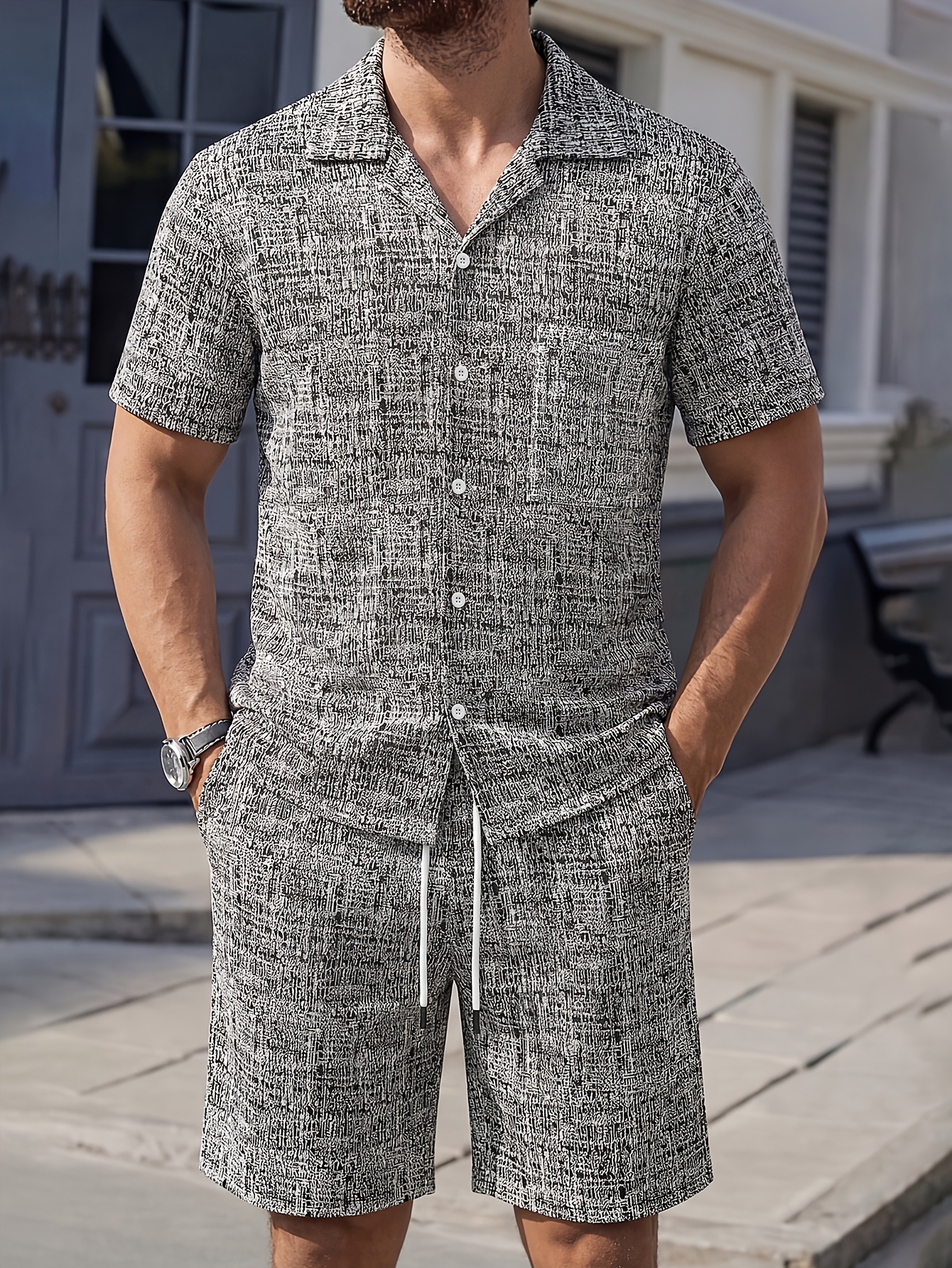 Men'S 2pcs Jacquard Set, Short Sleeve Shirt with Side Pockets And Drawstring Shorts, Clean And Comfortable