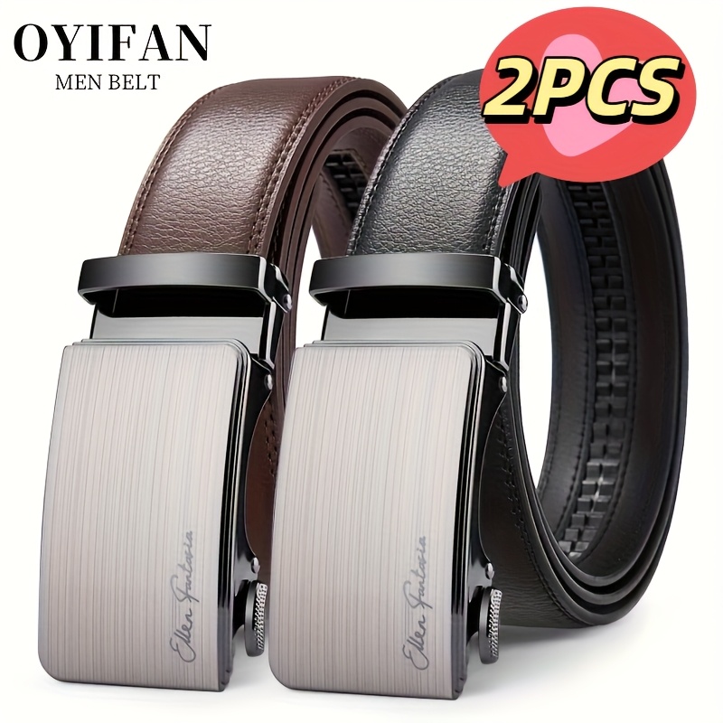 Image of 2pcs Oyifan Men's Business Belt, Alloy Automatic , Black Ratchet Belt, Fashion Casual High Quality Pu Cowboy Belt, , Suitable For Occasions -father's Day Christmas, Best Gift