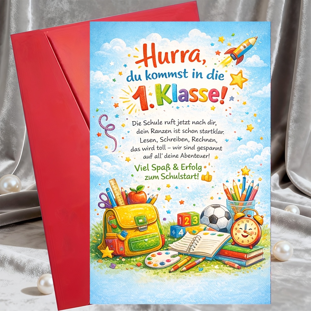 E-shop 1 Grußkarte + 1 Umschlag – Schulanfangskarte für die , , farbenfrohes deutsches Design, Geschenk von Eltern, Großeltern, Lehrern, für