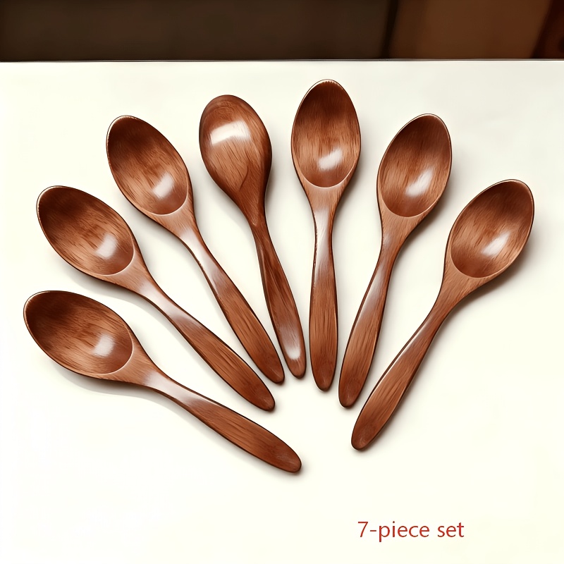 Image of 7 Small Wooden Spoons, 5.8-inch (approximately 14.2 Cm) Tea , Hardwood , Used For Coffee, Wooden Cutlery Set
