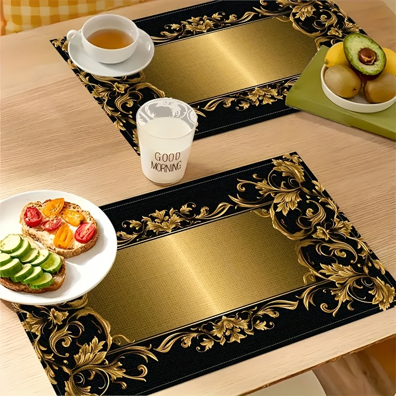 

4/6pcs Elegant Golden Pattern Linen Placemats Set - Stain Resistant, Easy To Clean, Ideal For Dining Table, Coffee Table, And Kitchen, Home And Hotel Use, Suitable For Parties