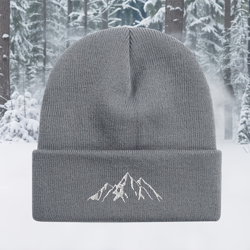 TEMU Bonnet tricoté chaud unisexe automne hiver, casquette brodée sommet de montagne, chapeau d'extérieur chaud décontracté bordure, bonnet de ski