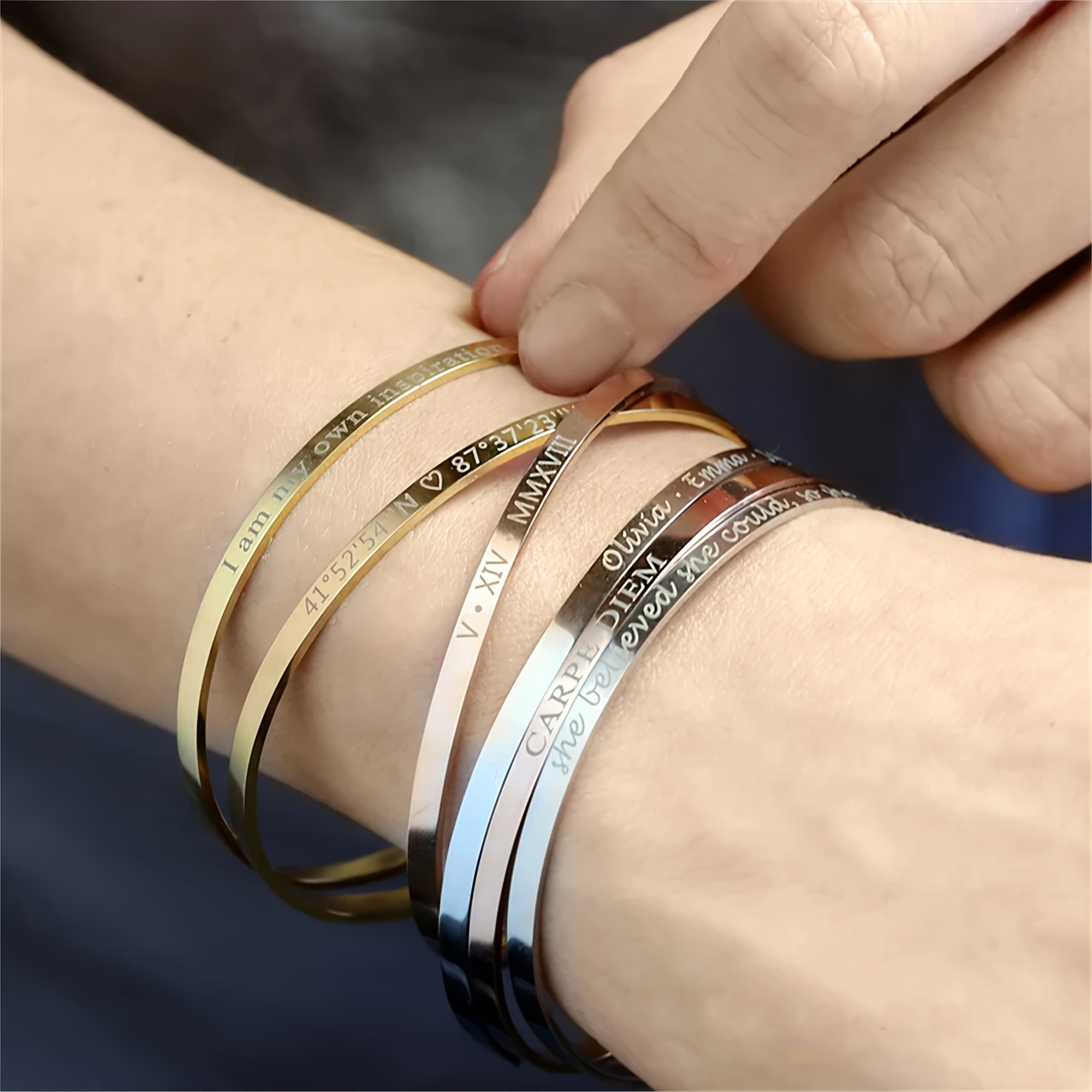 

Custom Engraved Stainless Steel Open Cuff Bracelet, Featuring A Stylish And , Perfect As A Couple's Bracelet, Women's Holiday Bracelet, Day Gift, Or A Present For A Wife Or Girlfriend.