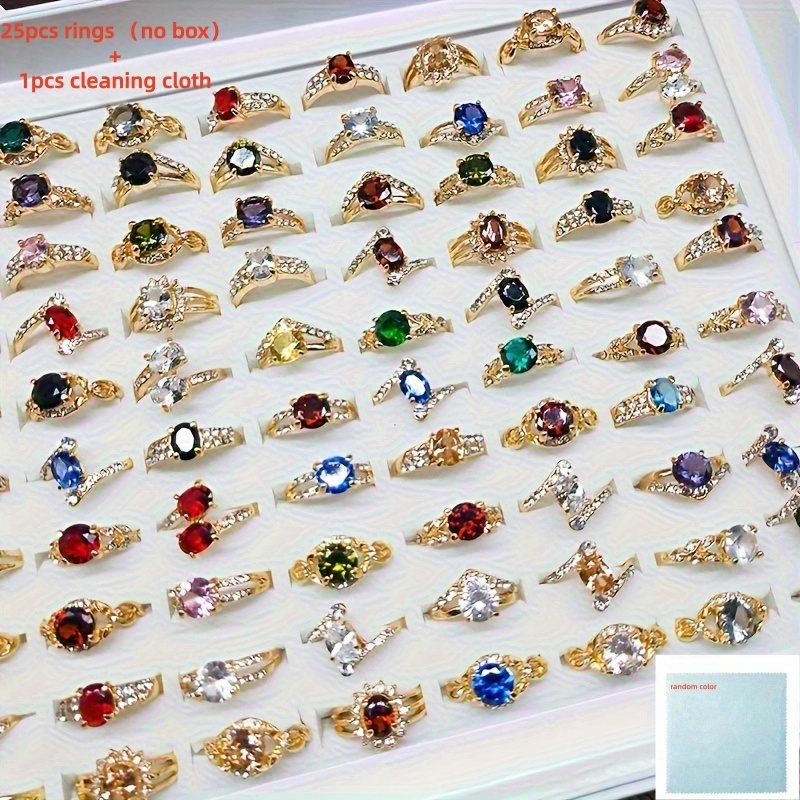 TEMU 25pcs Vibrant Multi-stone Rings - Waterish Stones, Endless Combinations, Versatile Mix-and-, Perfect For Formal Events, Weddings, Parties, And