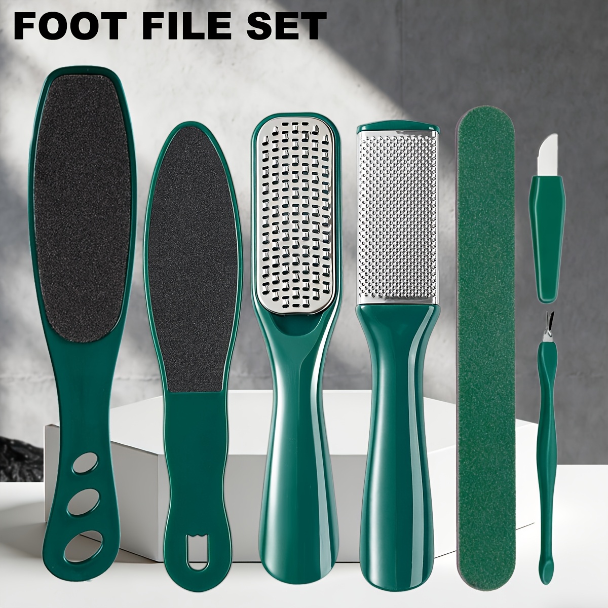 TEMU Ensemble d'outils d'exfoliation pour de pieds en acier inoxydable vert foncé, 7 pièces, ensemble de soins des pieds pour éliminer morte, et sur