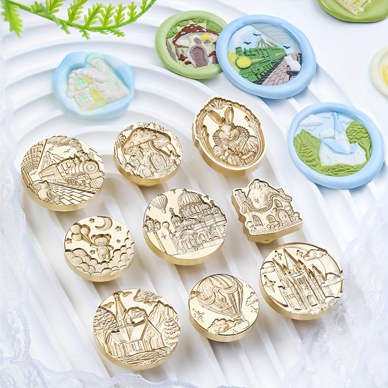 1pc fairy tale series brass   circular inkless decorative stamp with intricate castle rabbit floral designs for birthday gifts graduation invitations envelope sealing party decor gift embellishments invitation crafting whimsical design fairy tale     detailing