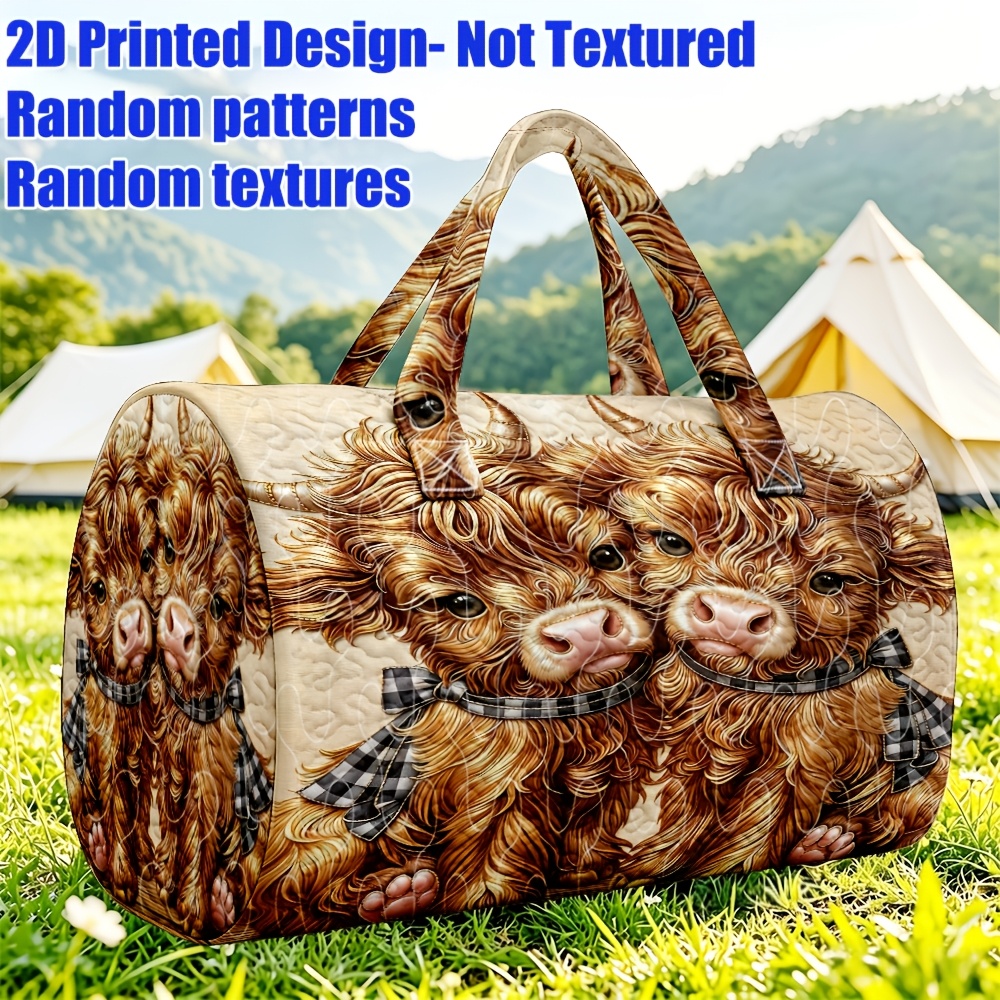 TEMU 1pc 2d Printed Women's Handbag With 2 Cute Highland Cow Prints, Adorable Cartoon Style, Large Capacity Travel Handbag, Suitable For Weekend