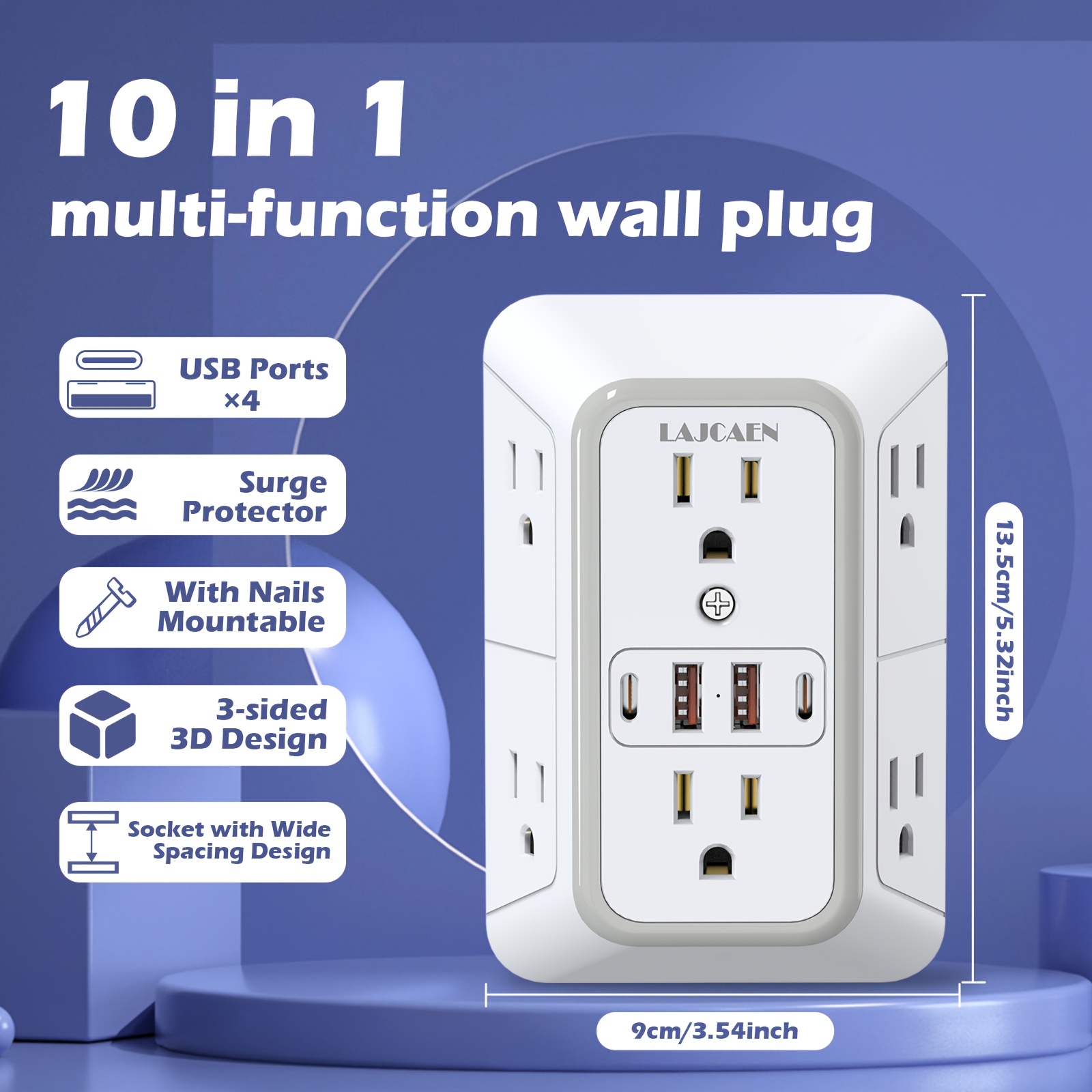 Surge Protector Outlet Extender – 3-Sided Multi-Plug With 4 AC Outlets, 3 USB Ports (2 USB-C 20W PD), Compact Wall Adapter For Home, Office, Travel & Dorm