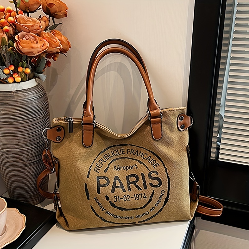 

1 sac fourre-tout vintage en toile, élégant sac à bandoulière avec thème de lettres, sac spacieux et durable pour le travail et l'école