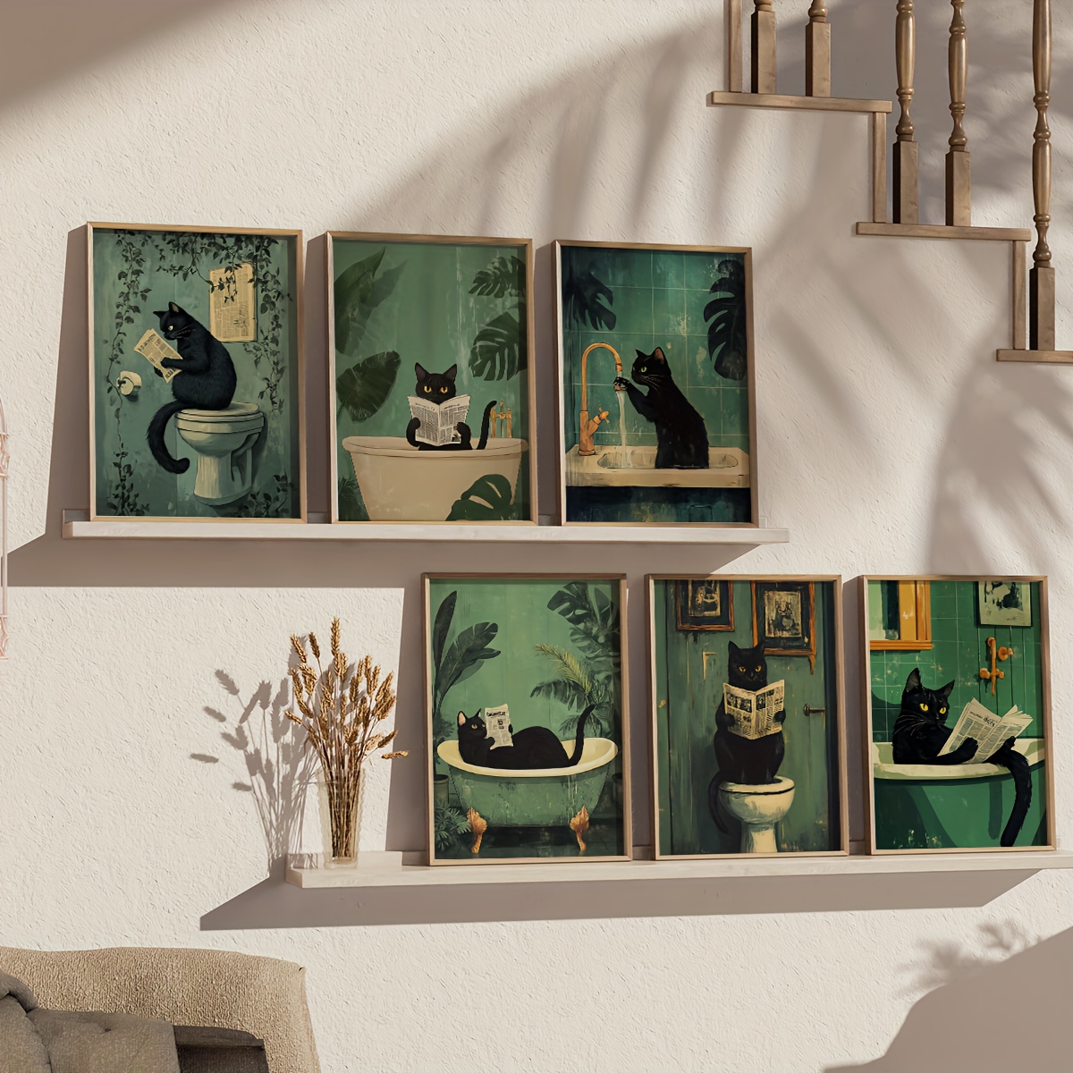 TEMU Set Of 6 Unframed Cat Bathroom Canvas Prints - Whimsical & Funny Black Cat Wall Art Posters For Home Decor, Living Room, Bedroom, Office,