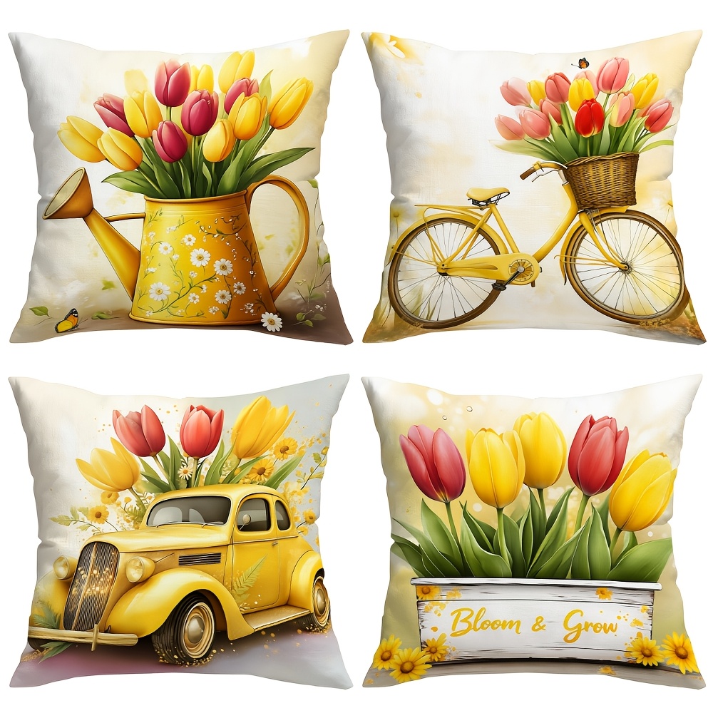 TEMU 4pcs Tulip-themed Pillowcases, A Warm And Uplifting Item With A Vintage-piece And That Combines A And . Suitable For -style, Pastoral, And Other