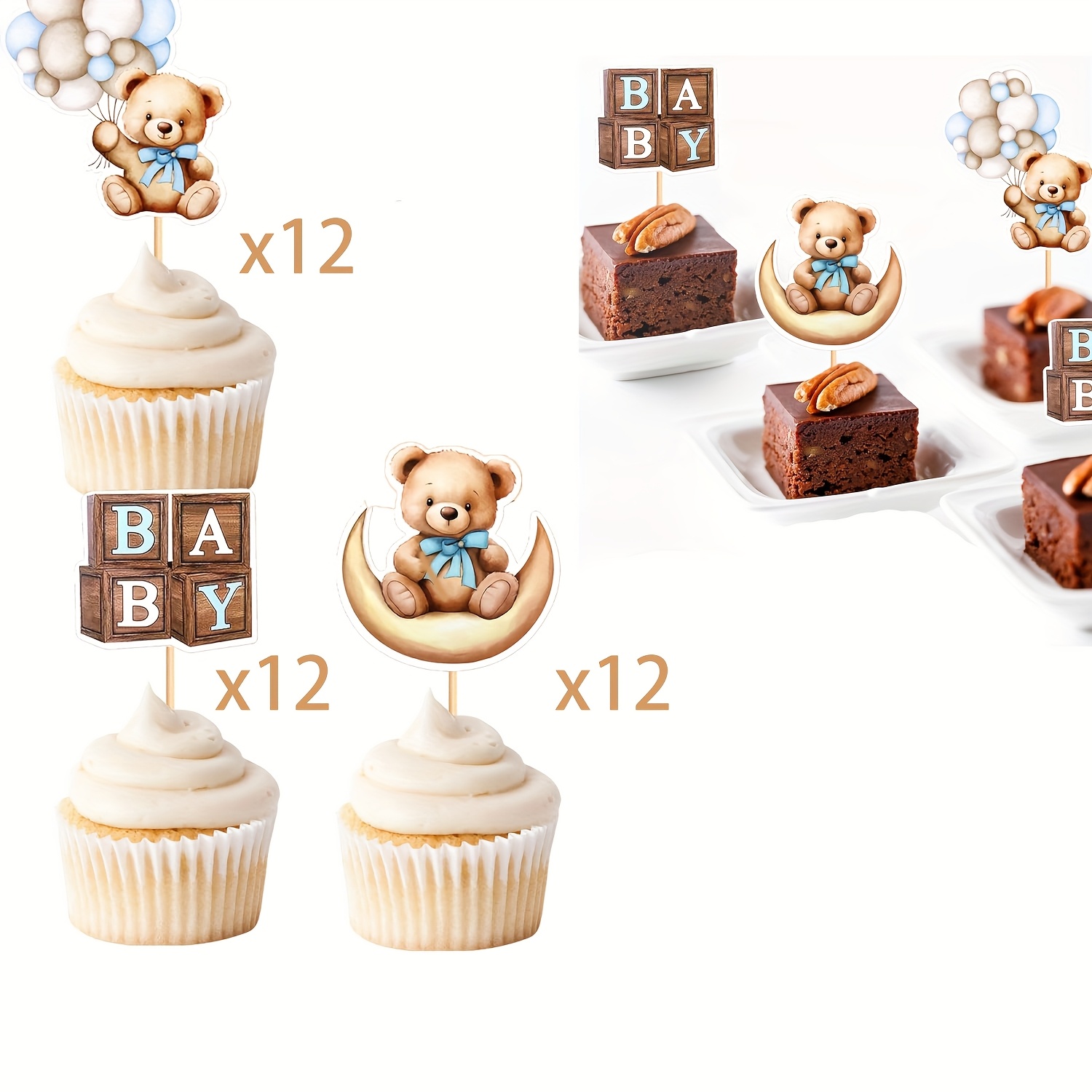 TEMU 36pcs Baby Shower Bear Cupcake Toppers Baby Bear Theme Baby Shower Decorative Supplies Jungle Animal Theme Baby Shower Birthday Party Cake Decorative Supplies Blue