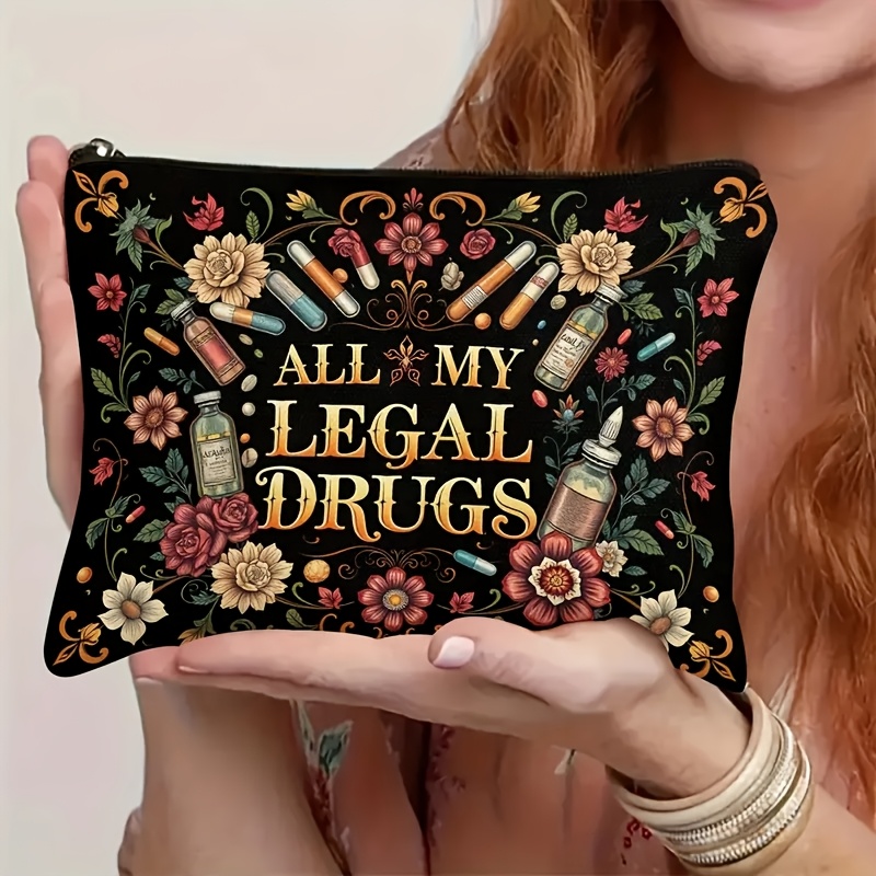 TEMU 1pc, un sac de rangement pour cosmétiques et médicaments avec un motif floral et la " Legal Drugs". Cet sac de voyage zippé est idéal pour