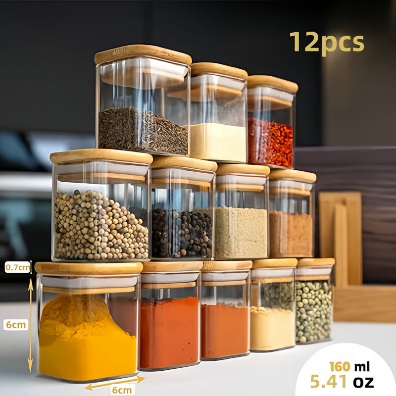 [12-pack] 5oz Glass Jars With Lids, Spice Jar Set With Bamboo Lids, For Spices, Beans, Candy, Nuts, Herbs, Dry Food Storage, Suitable For Home Kitchen Mini Storage
