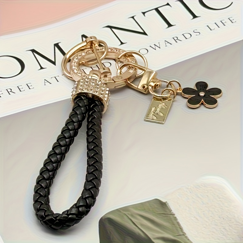 TEMU Elegant Woven Cord Keychain With Crystal-encrusted Keyring And Flower-shaped Tag, Alloy, Resin, Valentine's Day Gift For Women