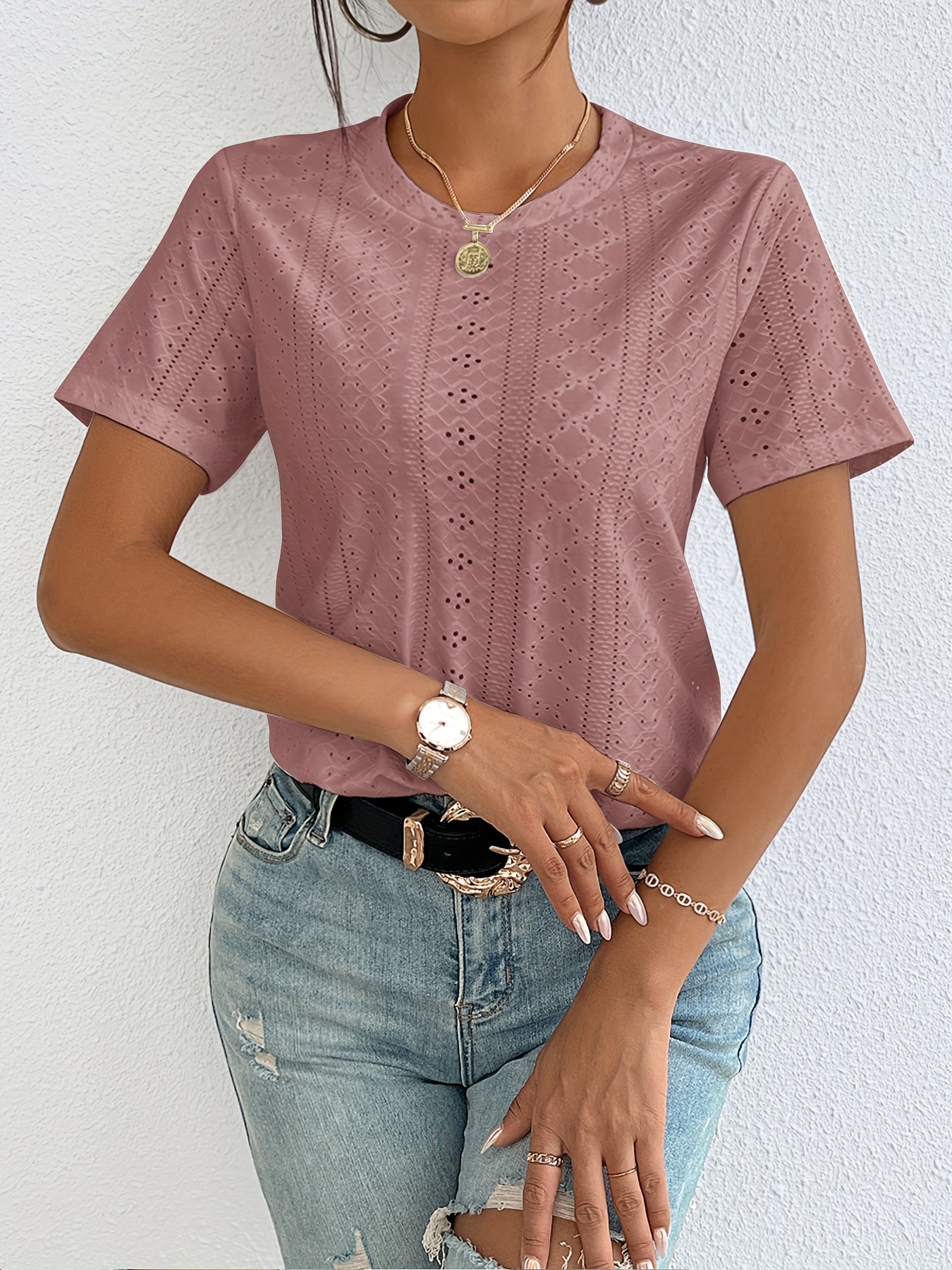 Eyelet Crew Neck T-Shirt, Casual Short Sleeve Top For Spring & Summer, Women's Clothing
