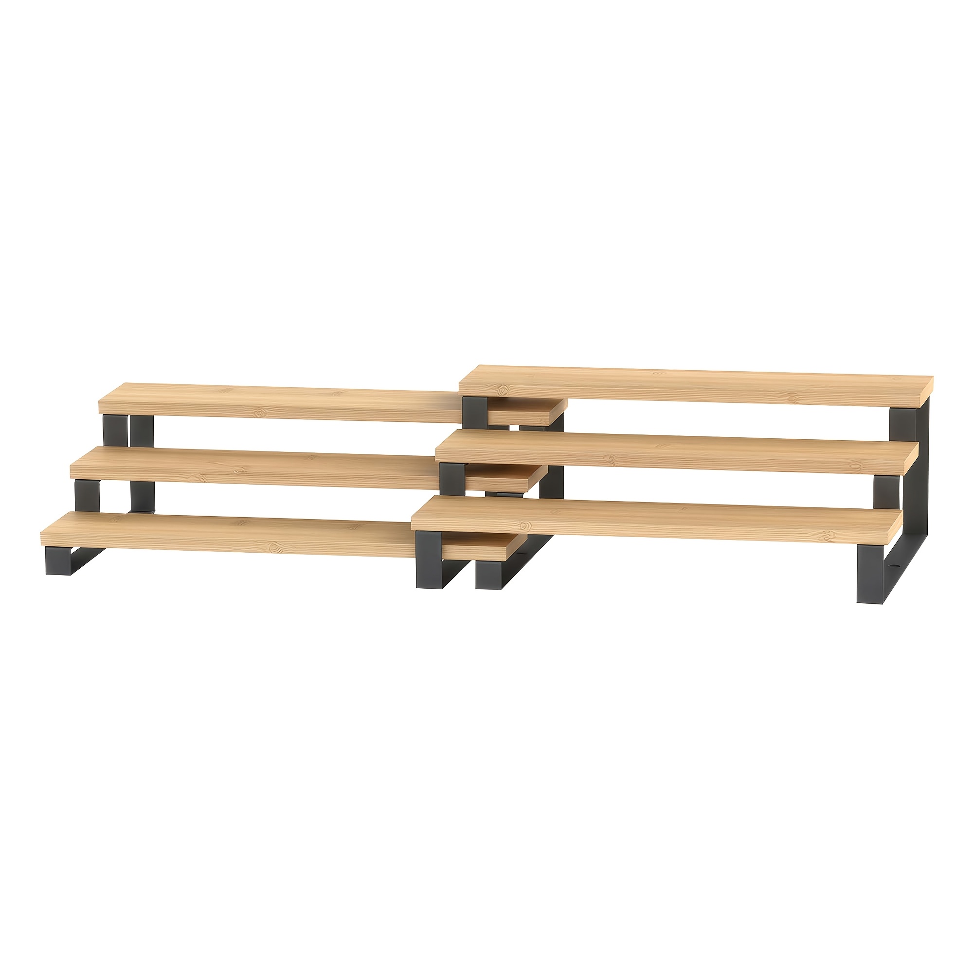 Image of Spice Racks, Standing Kitchen Shelves, Kitchen Organiser, Set Of 2, Bamboo And Steel, 3 Shelves Each, Extendable, Stackable, For Pantry, Worktop, Natural-matte Black