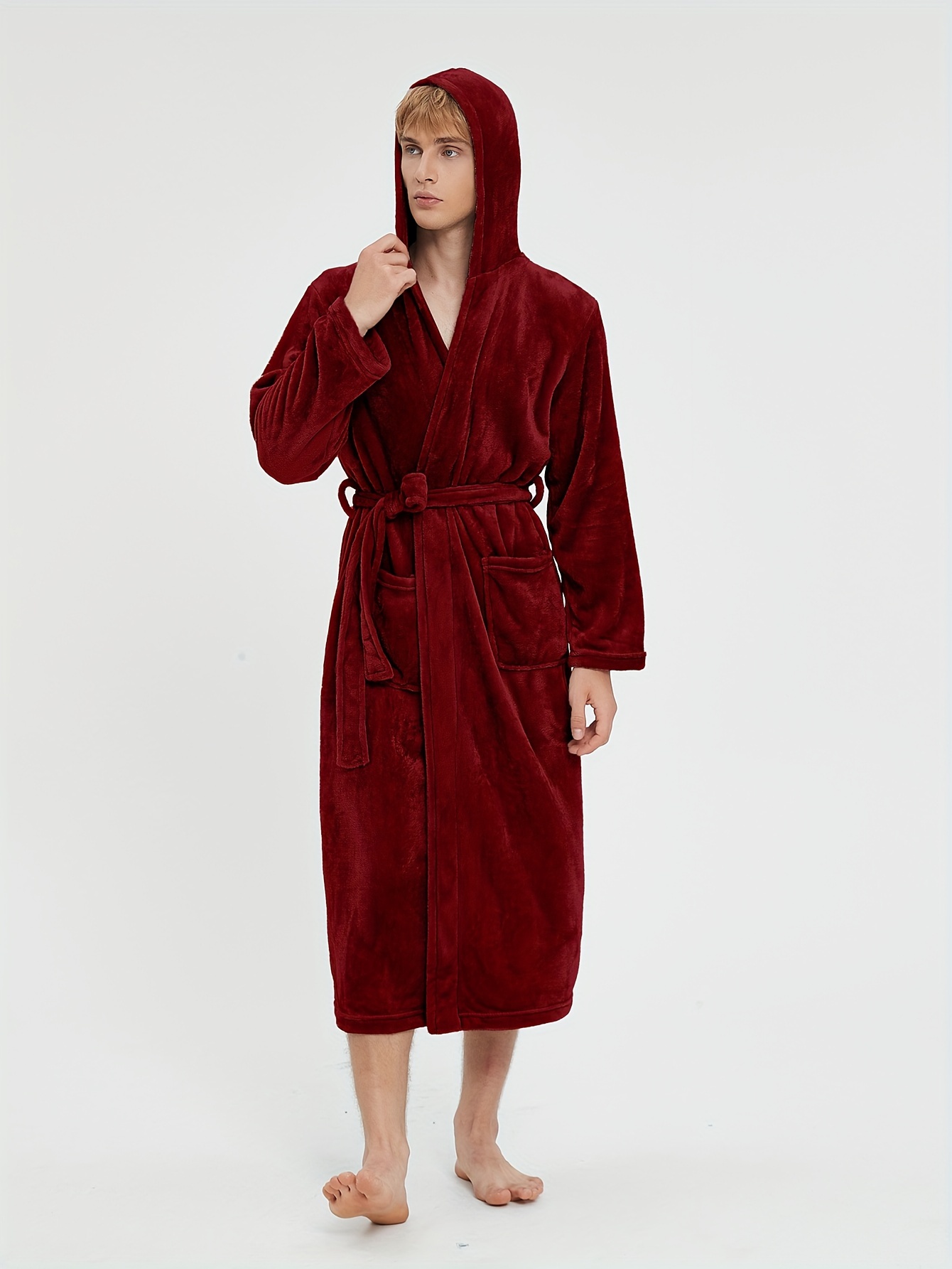Flannel Soft Solid Color *'s Robe with Hood and Dual Pockets Warm Sleepwear