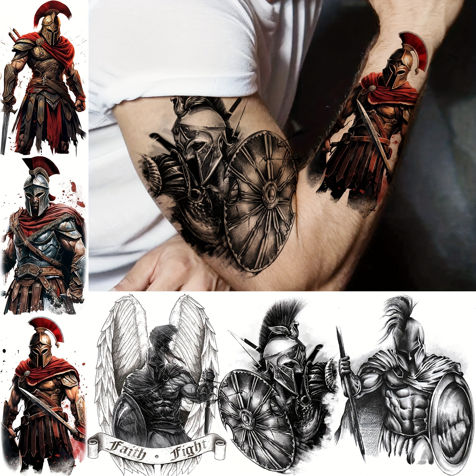 

6-pack Large Spartan Warrior Temporary Tattoos - Realistic Knight Hero Designs For Men & Women, Waterproof Body Art Stickers For Arms, Shoulders & More