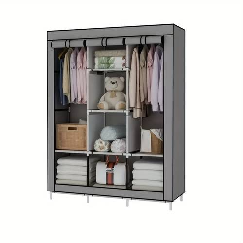 portable wardrobe closet clothes organizer non woven fabric cover with 2 6 storage shelves 2 hanging sections size 170 128 45cm 146 56 44 cm dustproof with a curtain and designed for portability portable closets