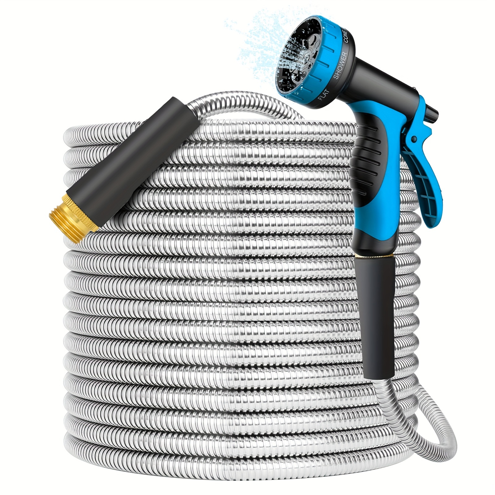 

50ft- Stainless Steel Heavy Duty Water Hose With Nozzle &8 Sprayer, Portable & Lightweight Kink Free Yard Hose, Outdoor Hose