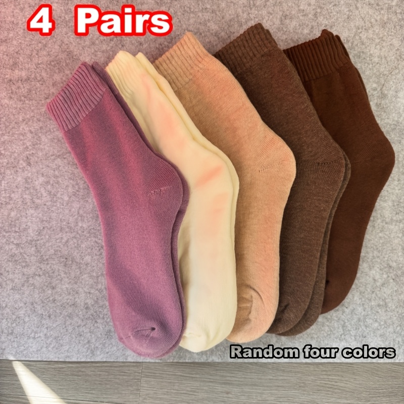 TEMU Lot de 4 paires de chaussettes thermiques d'hiver pour femme, couleur aléatoire - Chaussettes de randonnée épaissies en peluche avec bouts et