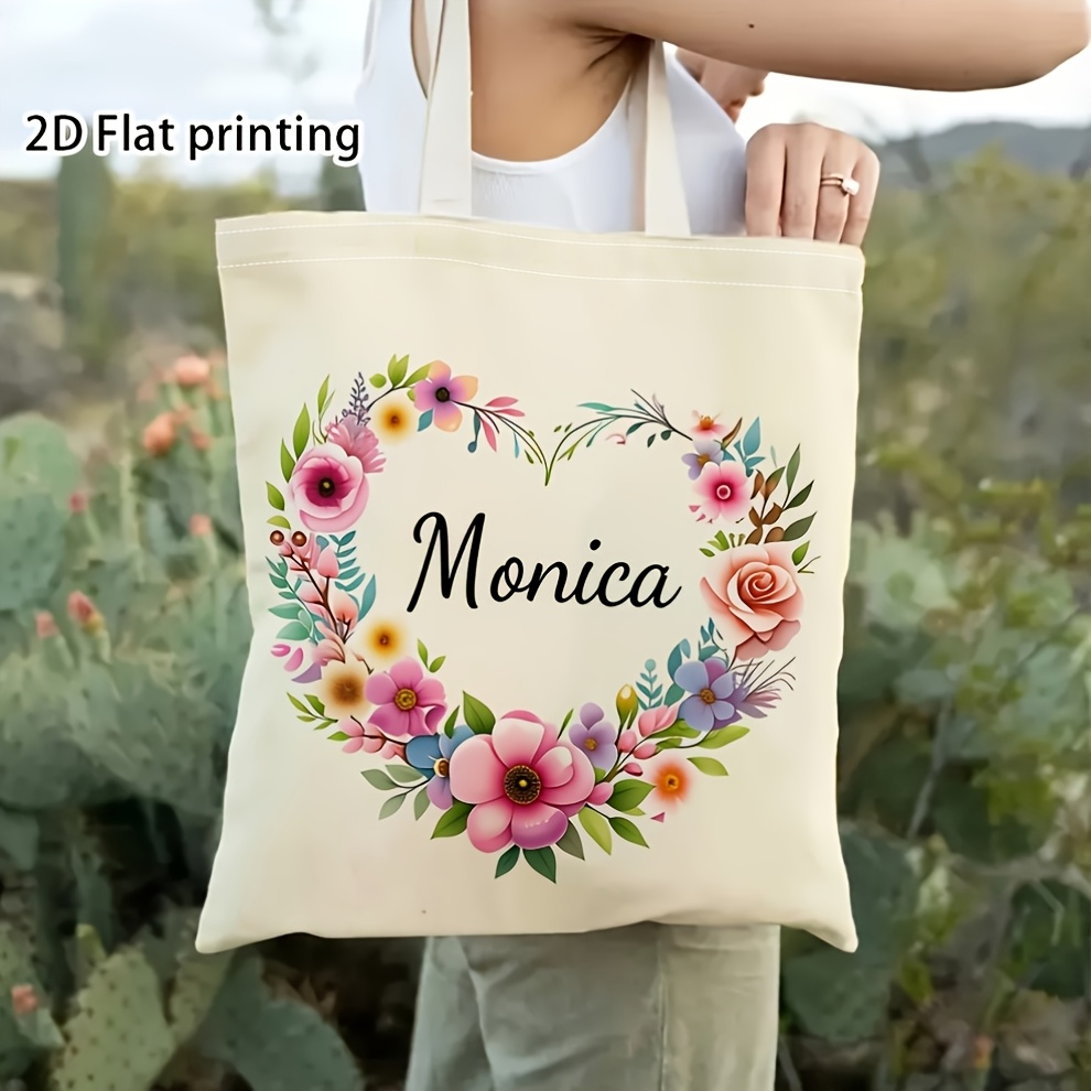 TEMU 1pc Personalized Custom Name Tote Bag, Suitable For Travel, Reusable, Shoulder Bag With Floral Heart Wreath Print, Customizable With Your