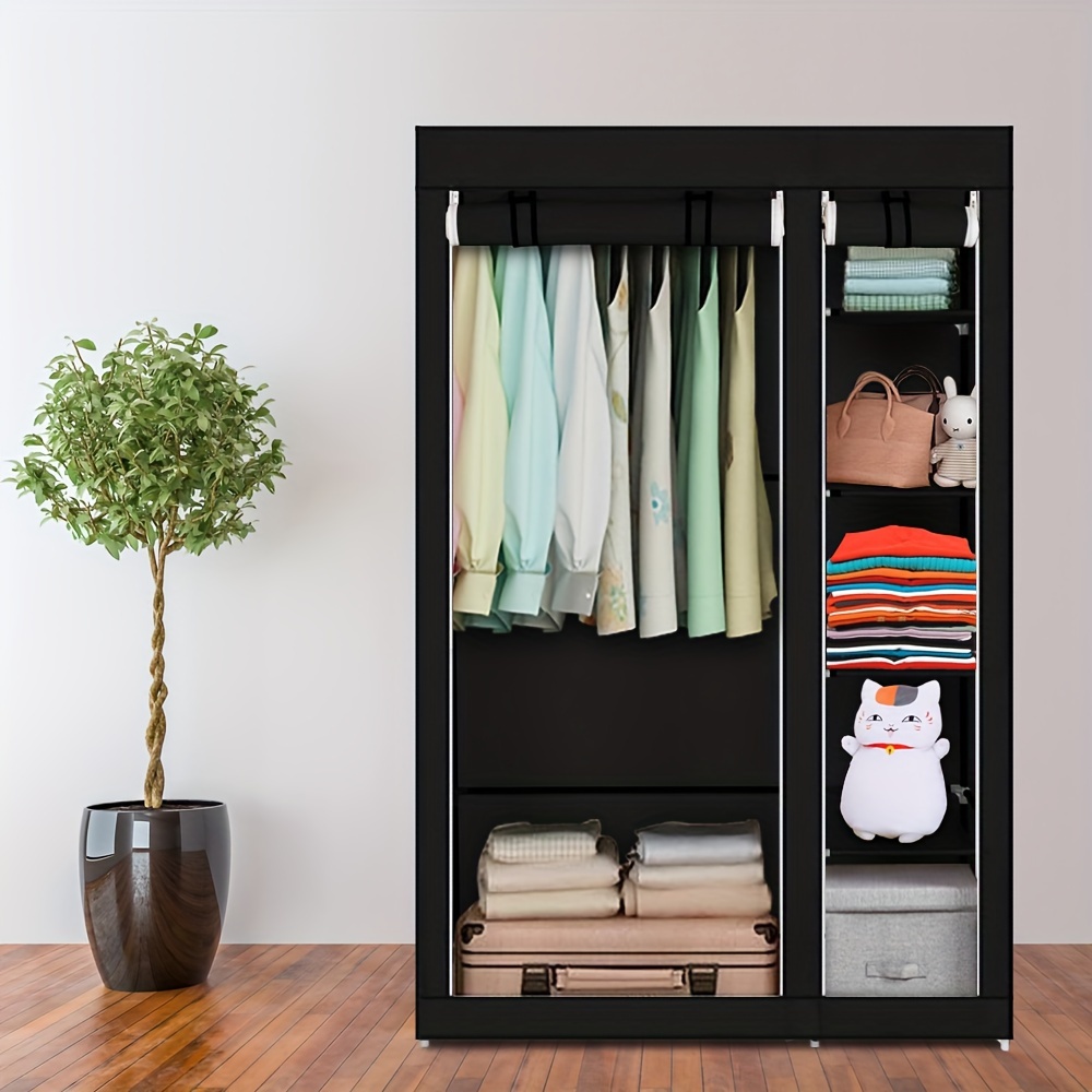 67" Portable Clothes Closet Wardrobe With Non-woven Fabric And Hanging Rod To Assemble Black, Portable Closets