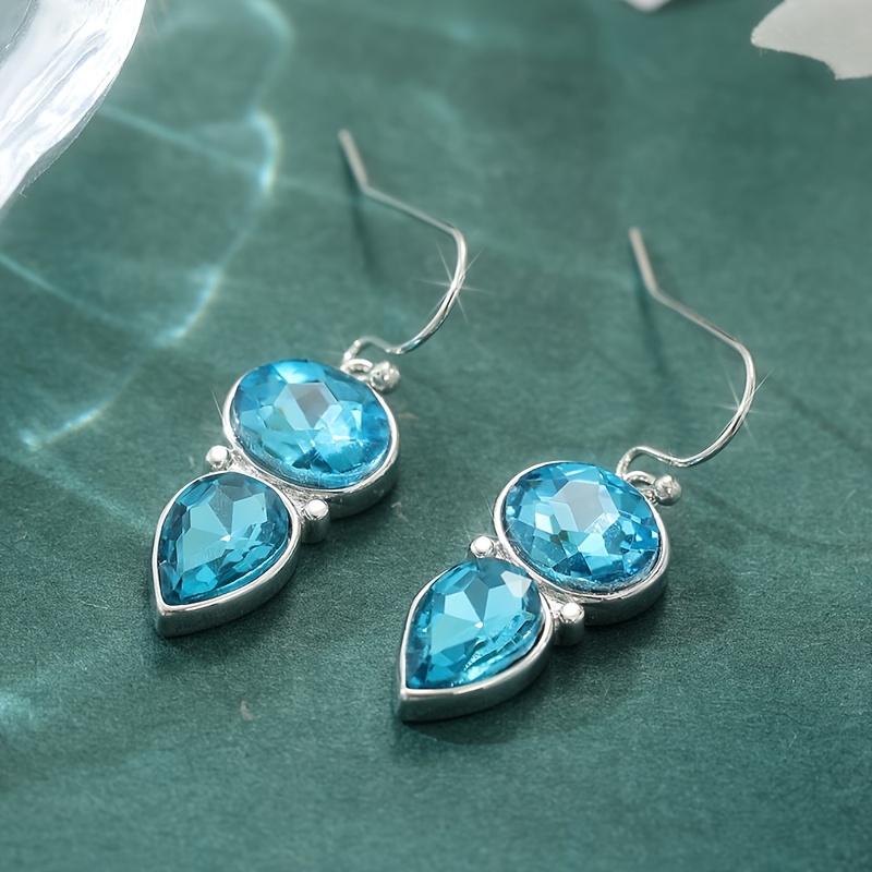 TEMU Exquisite And Elegant Oval Blue Synthetic Zirconia Shaped Pendant Earrings, Women's Handmade Copper Jewelry Suitable For Parties And Gatherings,
