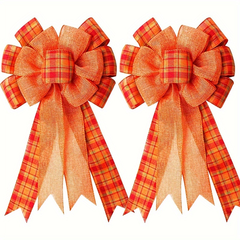 

Set Of 2 Large Autumn Wreath Bows, Pre-tied Orange Buffalo Check Ribbon For Fall, Thanksgiving, Christmas Decorations - Polyester Bowknots For Indoor & Outdoor, No Electricity Needed