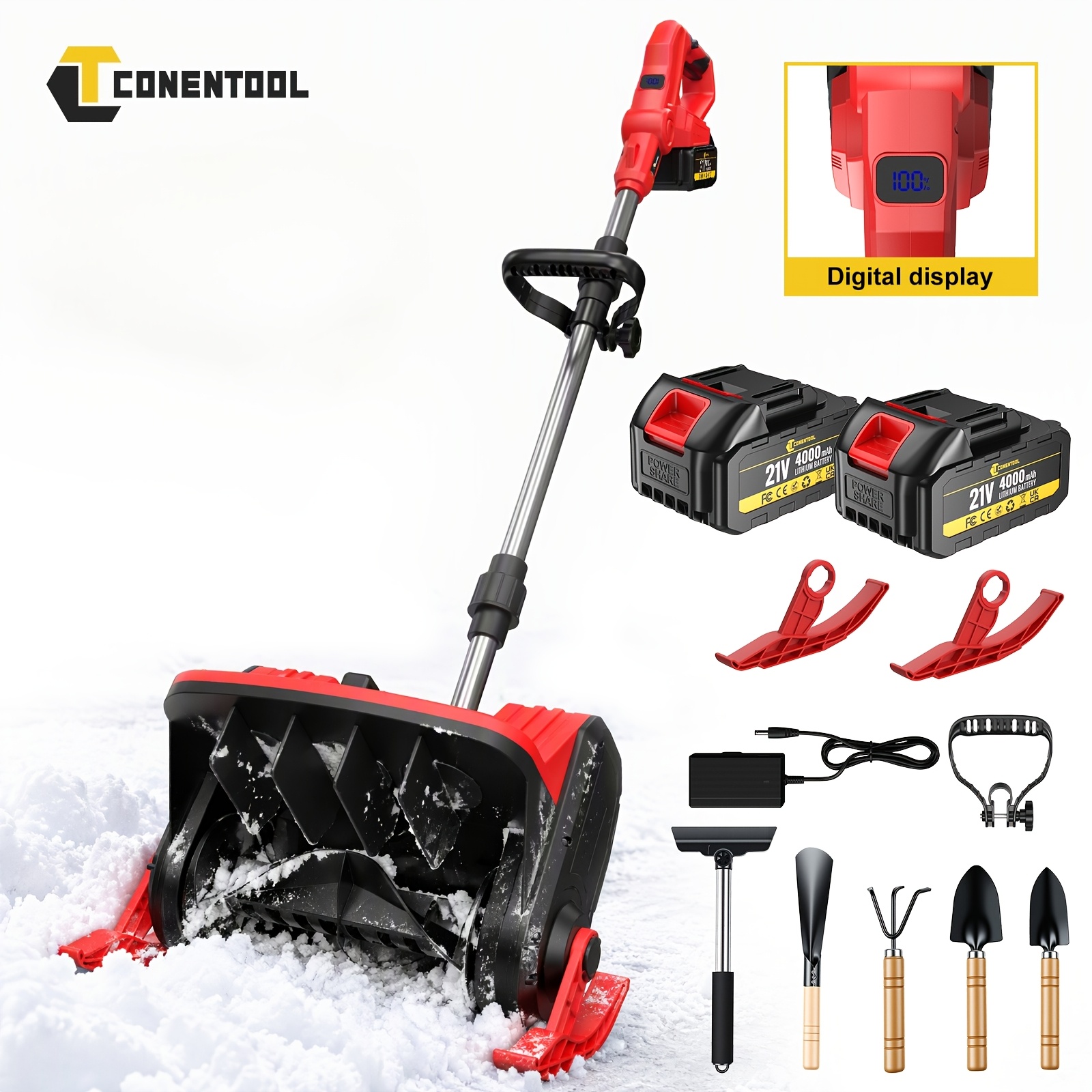 Image of Conentool 21v Cordless Snow Shovel With A 14-inch Clearing Width, 6-inch Clearing Depth, And 24-foot Throwing Distance. With 1 Or 2 4000mah Batteries; Suitable For Driveways, Decks, And Walkways.