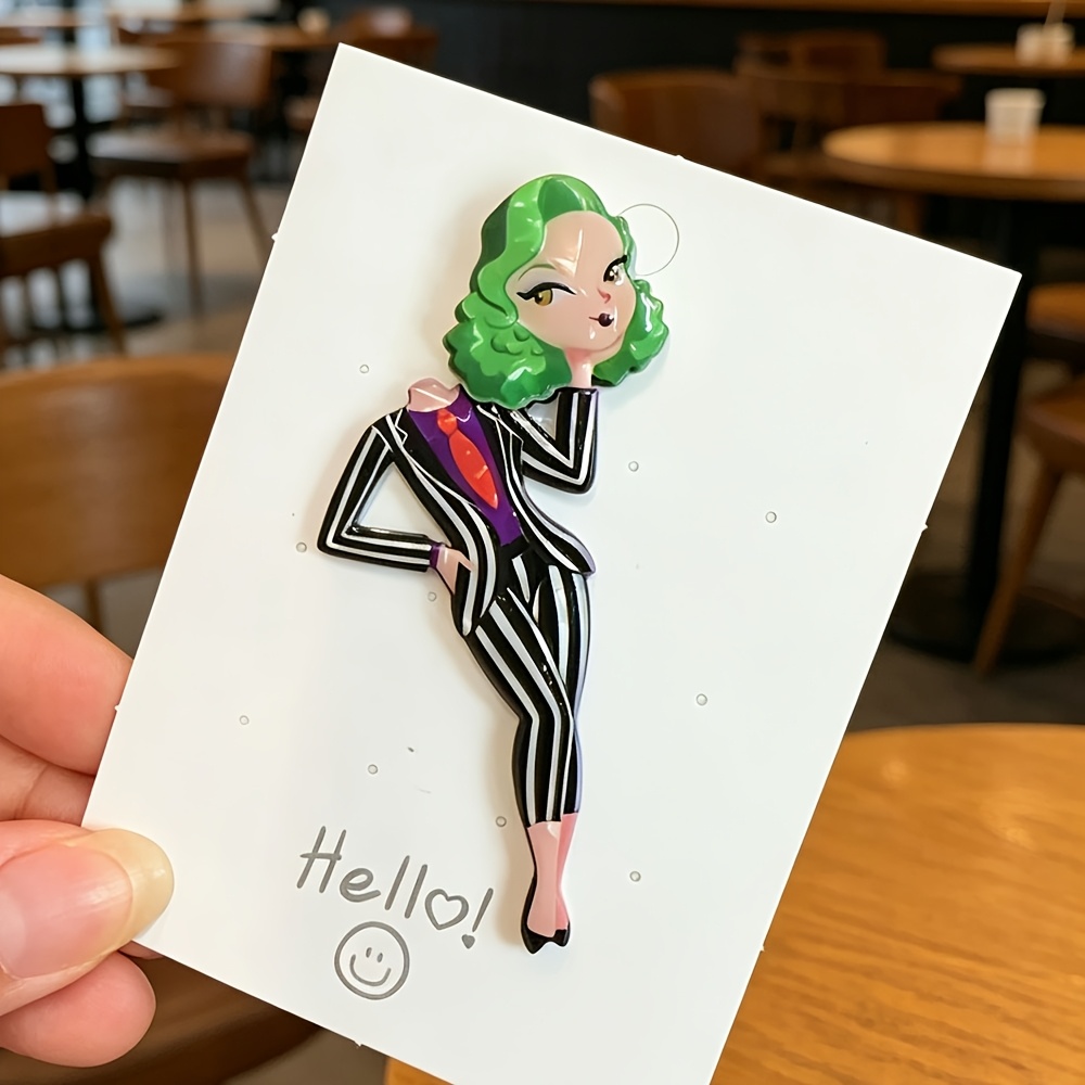 TEMU 1pc 1pcs Women' Retro Art Brooch - Double-layer Spliced Curly Hair With Green Hairpiece Suitable For Suit Jacket Collar, Corsage Accessory For