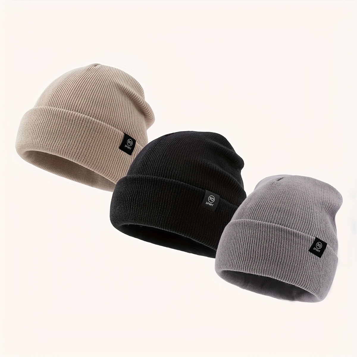 3pcs Fabric Label Brimless Knit Hat - Outdoor Sports Cap, Casual Slouch Beanie For Men And Women, Warm