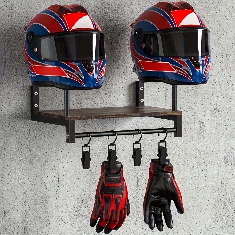 

Motorcycle Riding Gear Rack, Metal Storage Organizer For Most Helmets And Apparel, Wall Mounted Helmet Holder With Glove Hooks