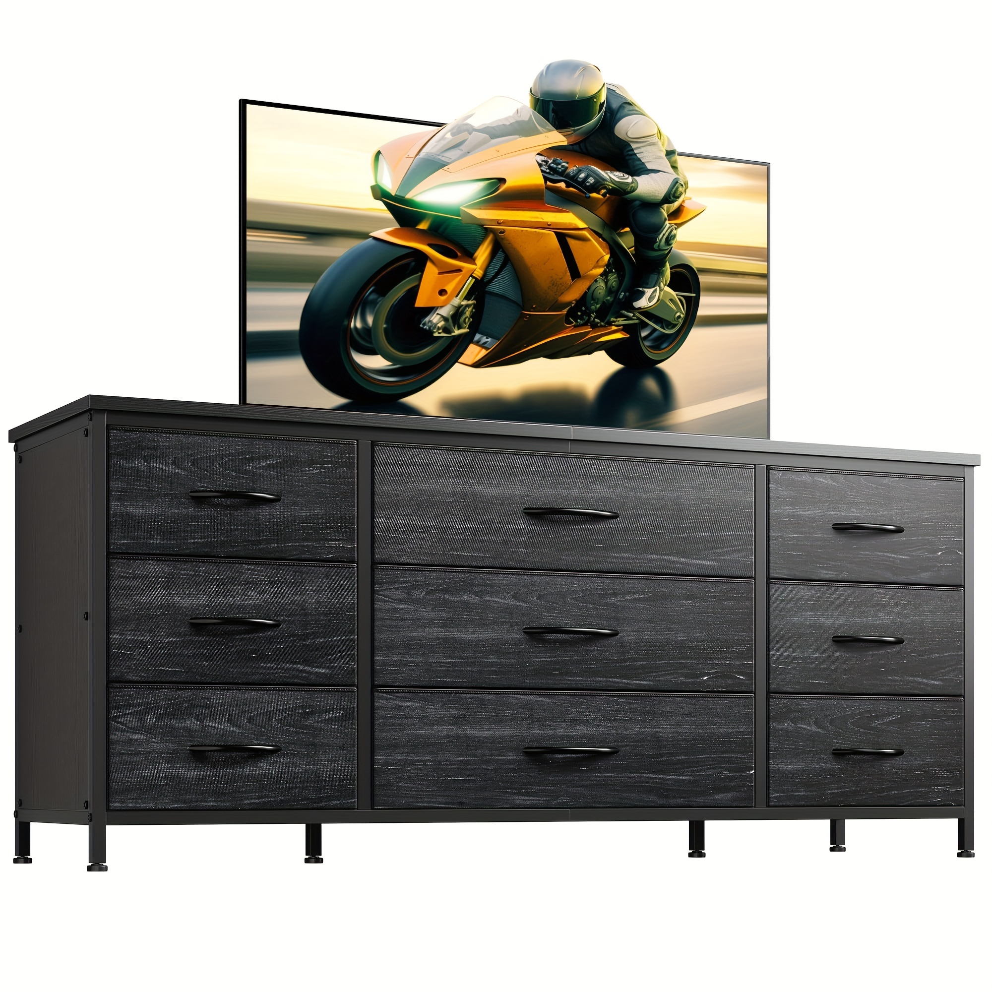 

Spacious 60'' Tv Stand Dresser With 9 Drawers - , Sturdy Metal Frame & Wood Top, Waterproof, -safe Design For Bedroom, Living Room, Closet - Features Anti-tip Kits & Easy