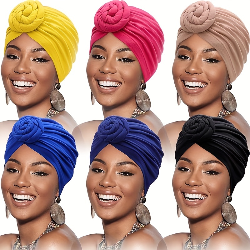 

6pcs Solid Color Snail Flower Turban Hats Twist Knot Indian Hair Wraps Simple Pleated Headwear