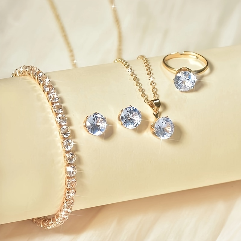 TEMU 4pcs Luxury Synthetic Zirconia Jewelry Set For Women - Sexy Alloy Bracelet, Earrings, Necklace, And Ring - For Daily And Party - Accessory Collection