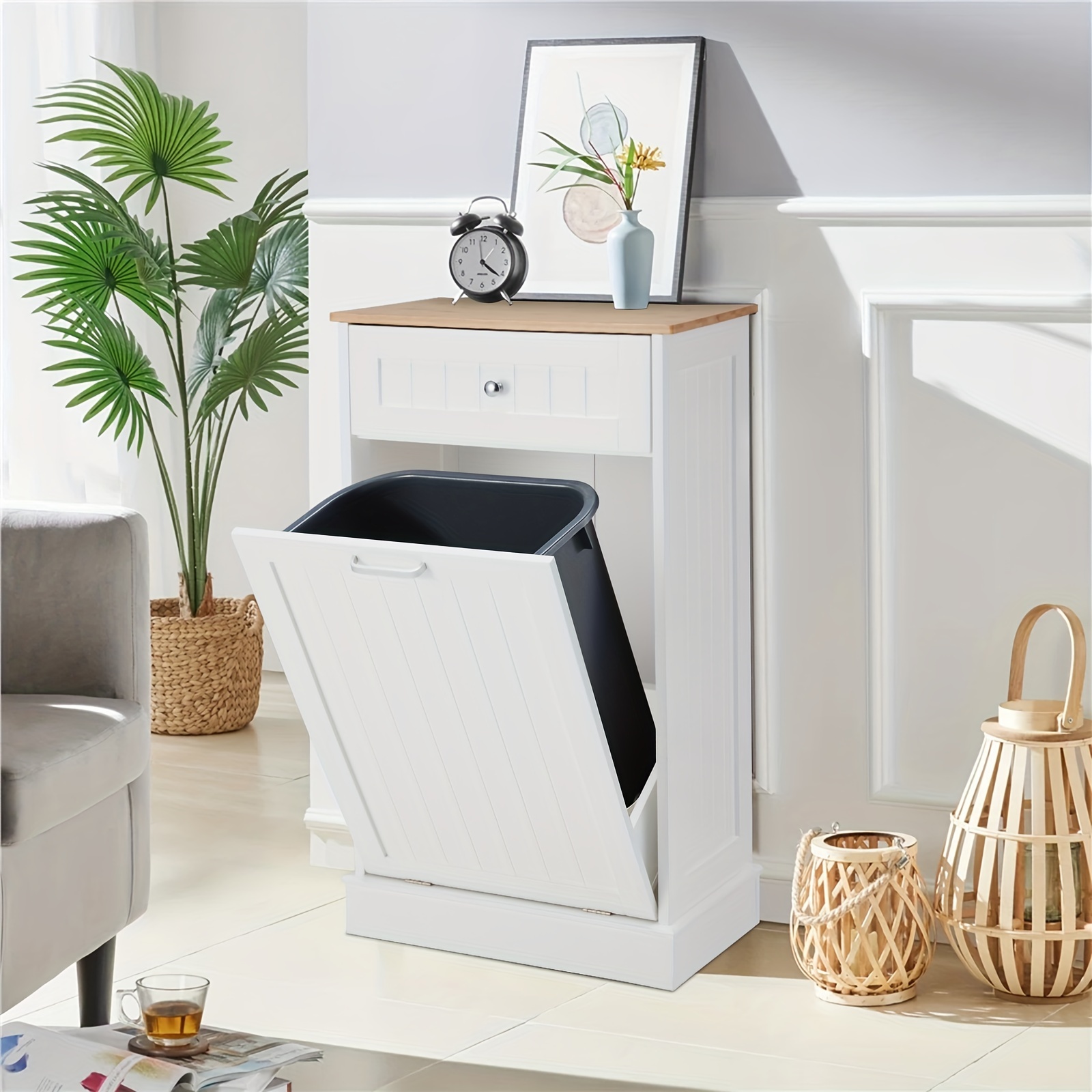 

Tilt Out Trash Can Cabinet 10 Gallon, Kitchen Freestanding Wood Recycling Trash Cabinet With Drawer & Cutting Board, Pet Proof Hidden Garbage Bin Holder For Home Laundry Bathroom