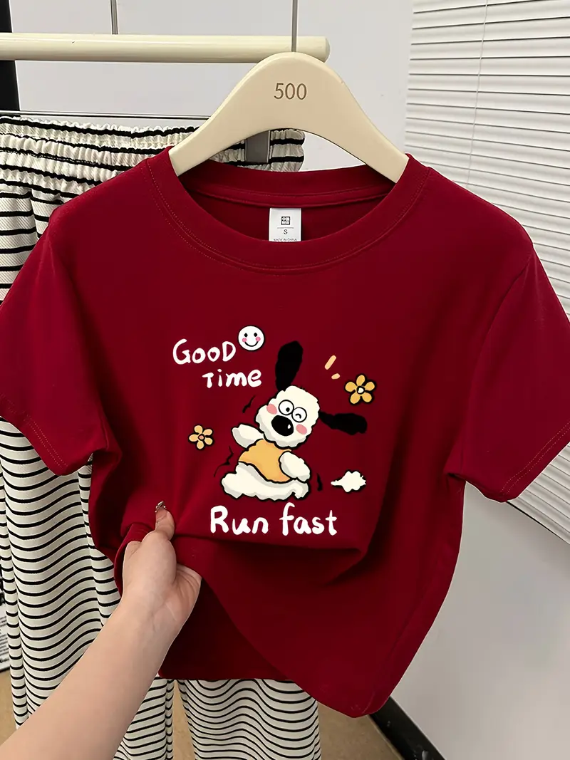 womens 2025 new korean style shoulder t shirt cute cartoon dog floral graphic print light grey round neck short sleeve top for spring summer casual wear spring fashion design machine washable Product details 4