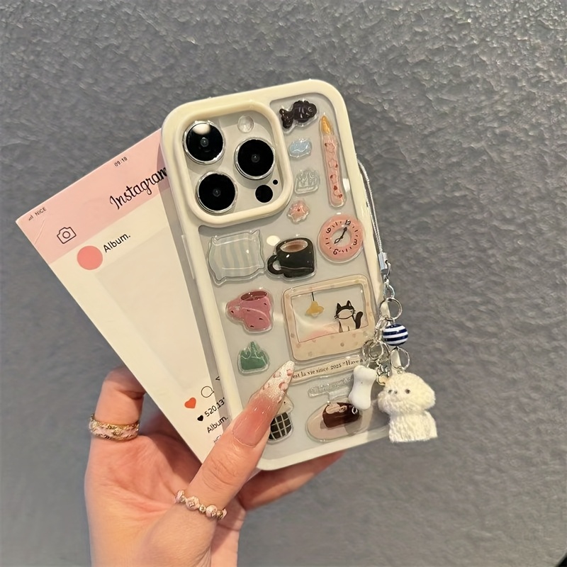 TEMU Étui Téléphone : Coque 3D Résine Époxy avec Autocollant Chaton et Lanière Chiot, Antichoc Complète pour iPhone 17/16/15/14/13/12/11 Pro Max -