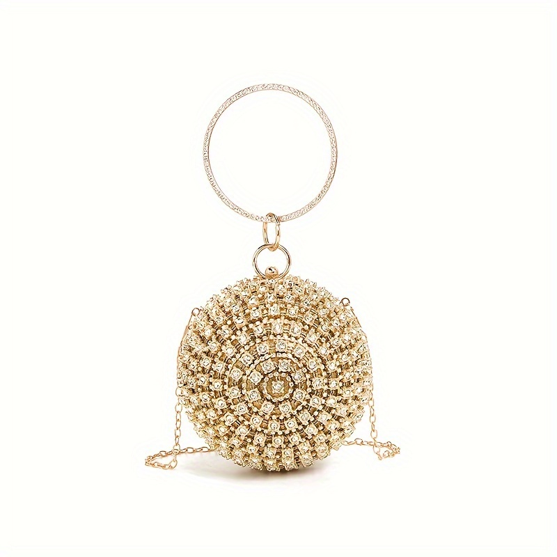 Image of Women's Fashion Rhinestone Round Evening -shaped Rhinestone-studded Glitter Evening Bag Handbag Party Bag With Chain For Prom Party Wedding For Carnaval Music Festival