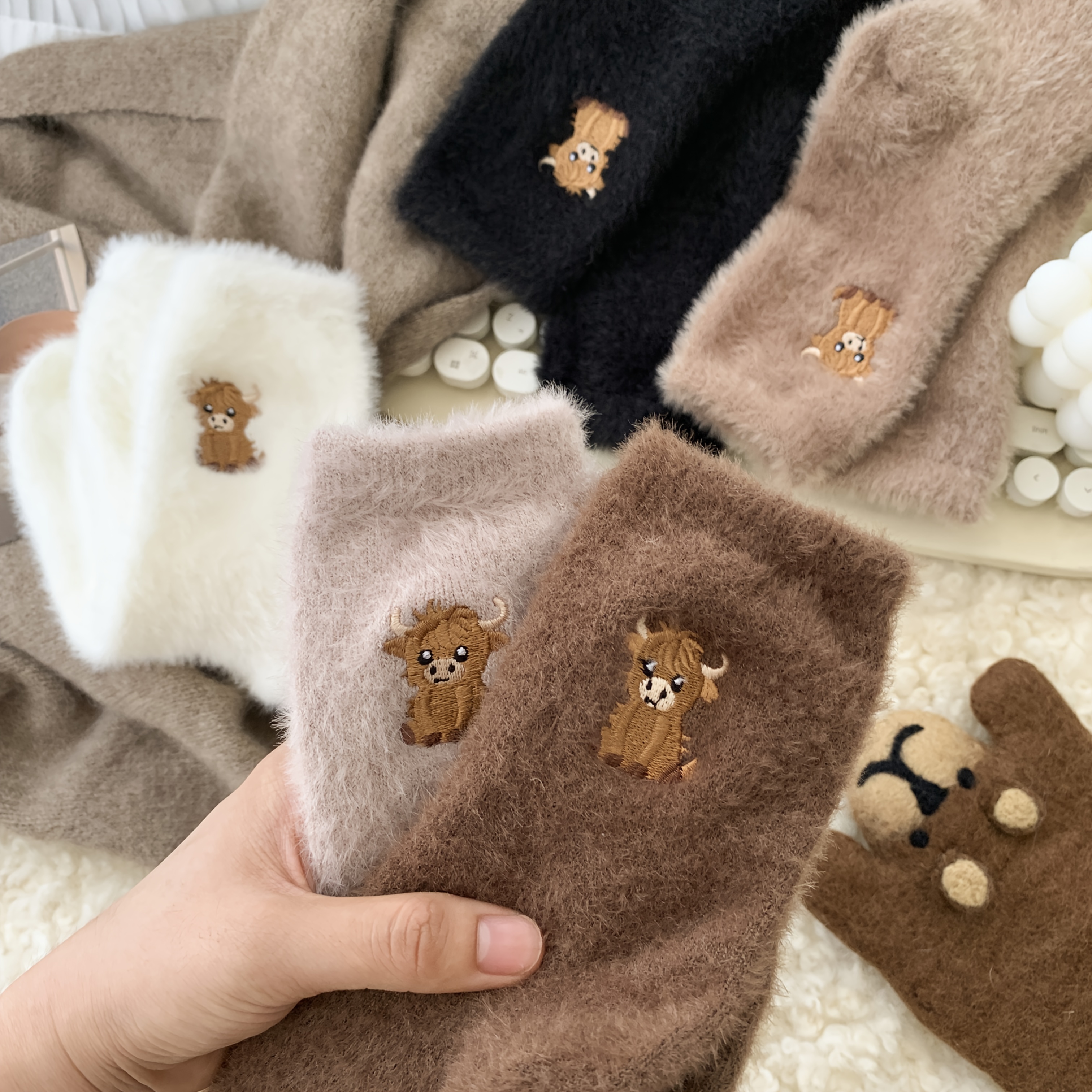 5 pairs womens cow embroidered plush socks winter thick warm soft floor socks with cute cartoon cow design   lounge socks for cold weather brown neutral tones hand   clean fluffy socks indoor       fabric construction  able loungewear stylish loungewear durable stitching     Product details 3