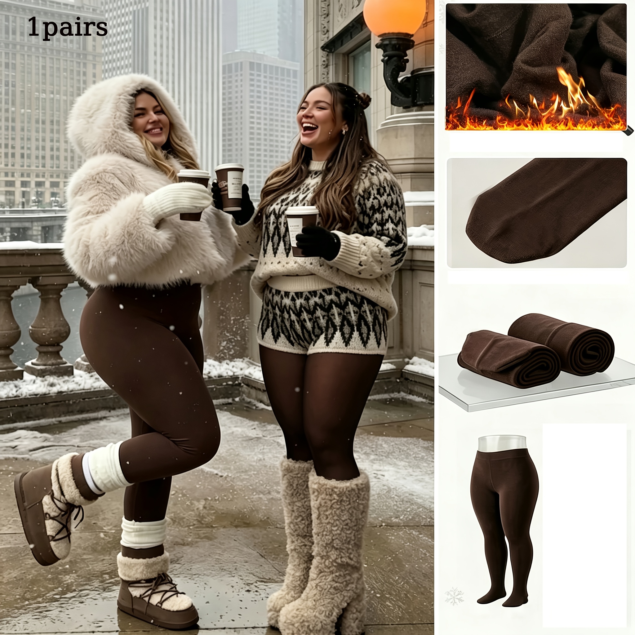 TEMU 1 Paire de Collants Chauds Doublés Grande Taille pour Femmes, Leggings Rétro Noirs Marron Opacifiés, Collants Antidérapants Taille Haute, Chauds