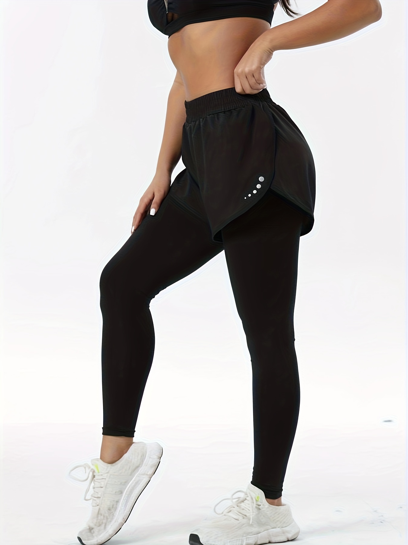 Women's High-Waisted 2-in-1 Sports Leggings, Long Length, Knit Fabric, Mid-Stretch, Print Pattern, Pocket Detail, All-Season, Non-Waterproof, Polyester Blend