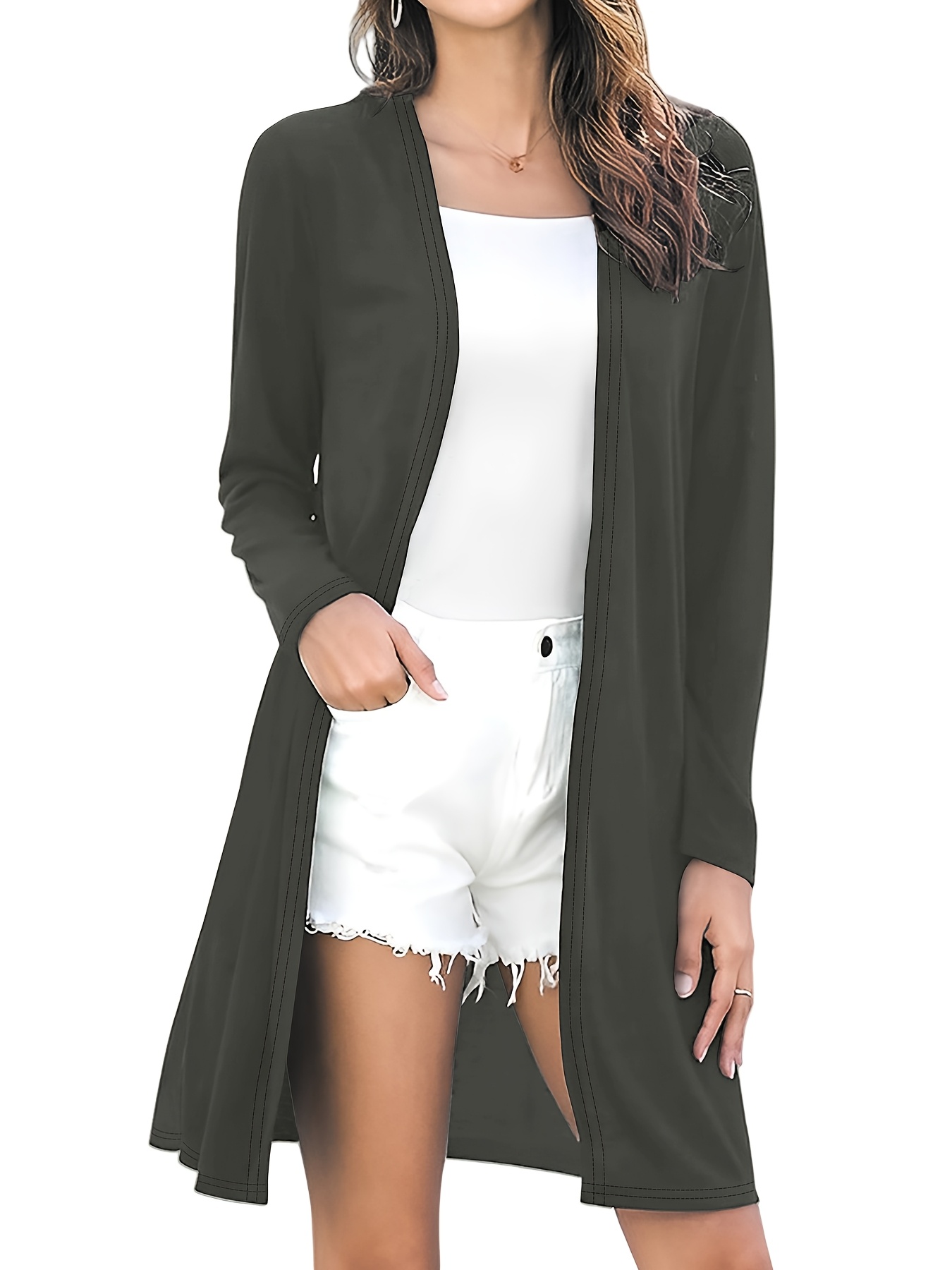 womens high longline cardigan olive green white Temu Belgium