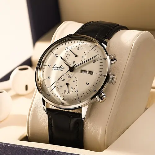 mens watch fully automatic mechanical movement party stainless steel manufacturing leather strap luminous display 30 meter water for daily use calendar month function 3d curved screen without battery