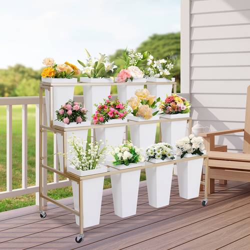 3 layer 4 layer moving flower display stand metal flower cart bar stand with smooth wheels metal plant bouquet stand shelf or 12 16 flower buckets for florist patio garden outdoor events