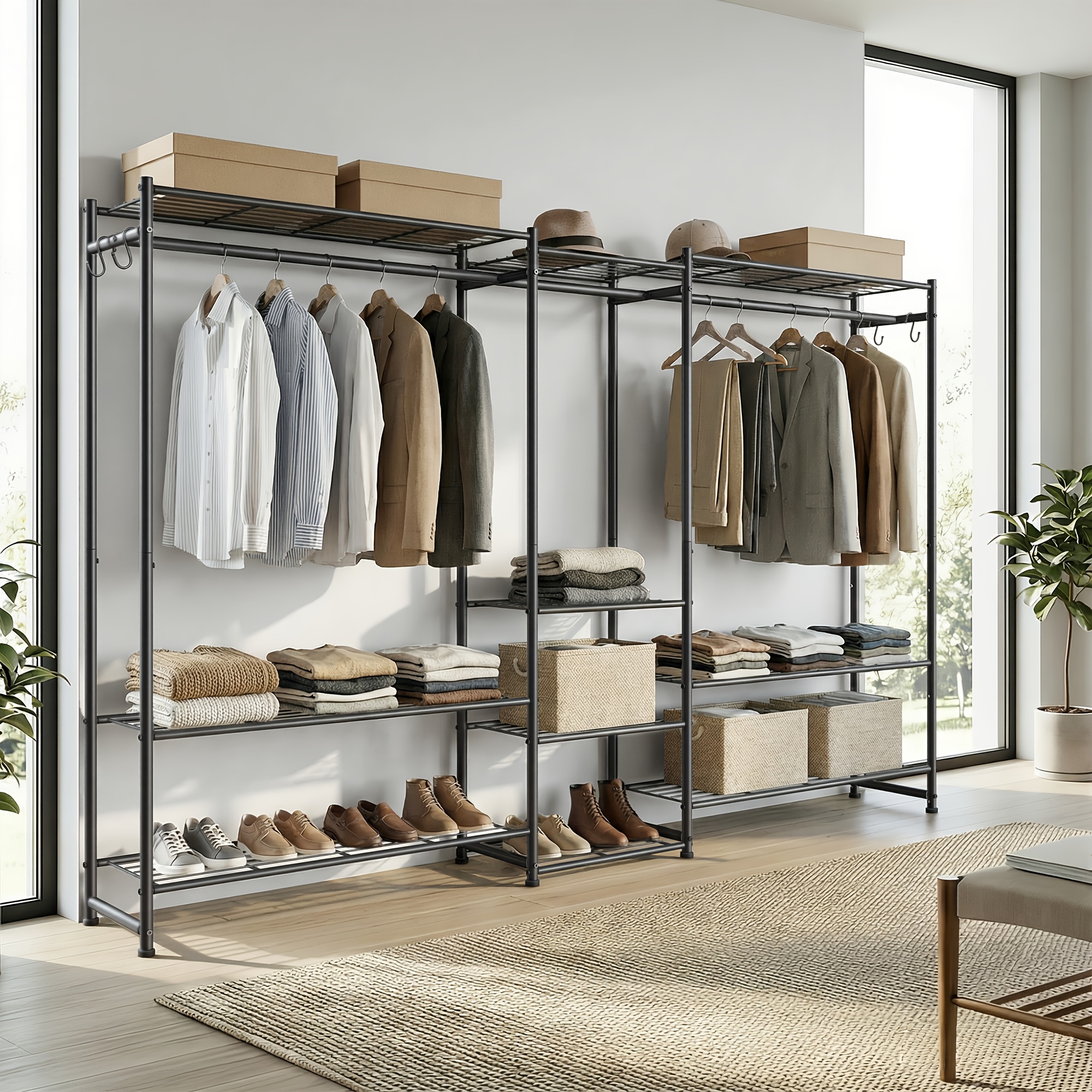 TEMU Wardrobe, Open Wardrobe, Metal Frame | Includes 10-tier Hangers, 3 Clothing Rods, 4 Hooks, Suitable For Bedroom, Living Room, Hallway, Black,