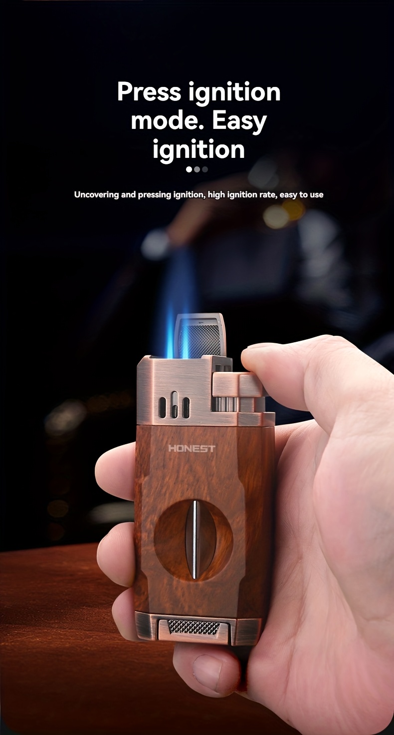 (Fuel Not Included) Cigar Lighter, Torch Lighter With V-shaped Cigar Cutter, Built-in Cigar Clip, Visible Air Window, Cigar Torch Lighter, Cool Lighter Suitable For Candles, Dual Windproof Jet Flame, Integrated Torch Cigar Lighter With Double Flame
