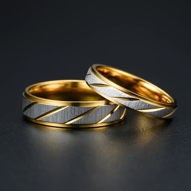TEMU 2pcs Set Couple's Golden Stainless Steel Diagonal Lace Rings, 's Day Gift, Wedding Engagement Titanium Stainless Steel Gift, Wedding Bands,